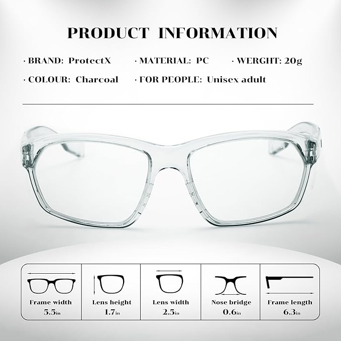 ProtectX Stylish Anti-Fog & Scratch-Resistant Safety Glasses, UV Protection Goggles, Anti-Impact Lightweight Glasses for Men＆Women Charcoal Clear - 2 Pack