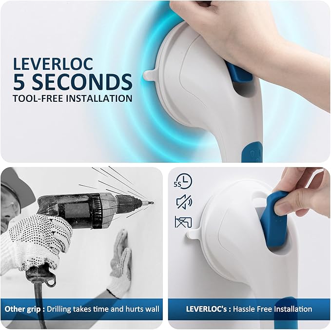 LEVERLOC Grab Bar for Seniors, 17 Inch 2 Pack Suction Grab Bars for Bathtubs and Showers, Shower Handles for Elderly Suction Bathroom Safety Grip,Removable Drill Free Waterproof, Blue