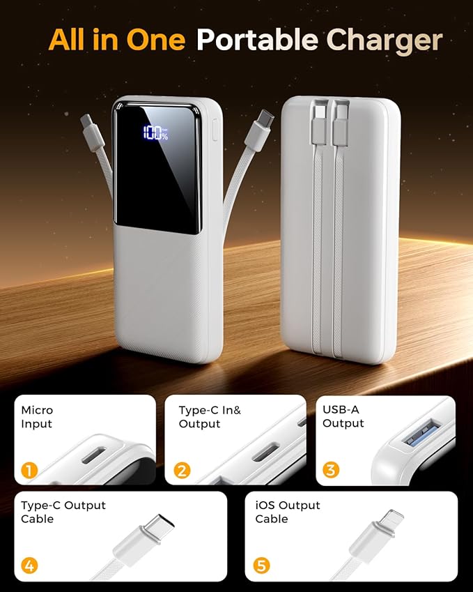 Portable Charger Power Bank - 15000mAh Battery Pack Portable Phone Charger with Built in Cables 22.5W Fast Charging Powerbank Compatible with iPhone Android Samsung Phone, Travel Camping Essential