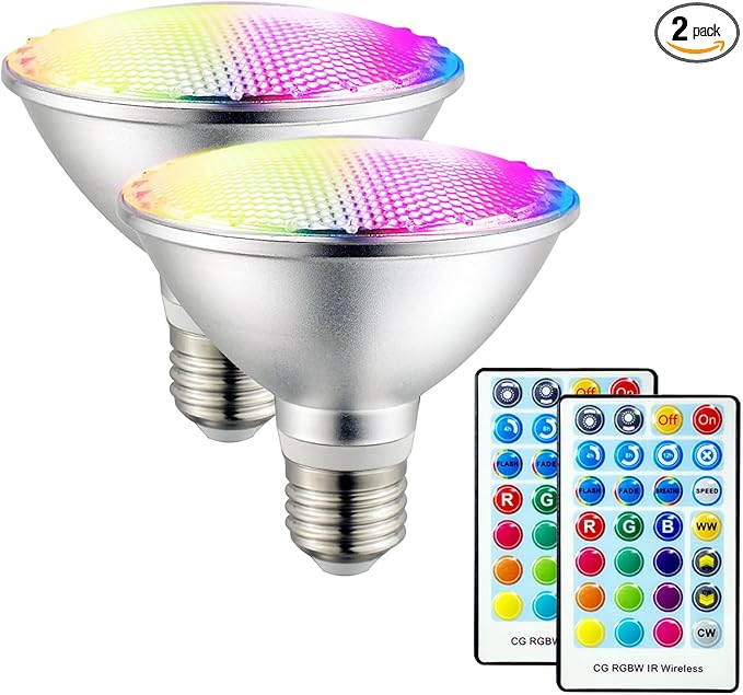 2 Pack,PAR30S RGBWCT LED Bulbs,RGB+Warm+Cool White(2700K-6500K)+Timing, LED Flood Light,Indoor/Outdoor,IR Remote Control, Waterproof Lawn Lamp for Home Courtyard Christmas Party Decoration