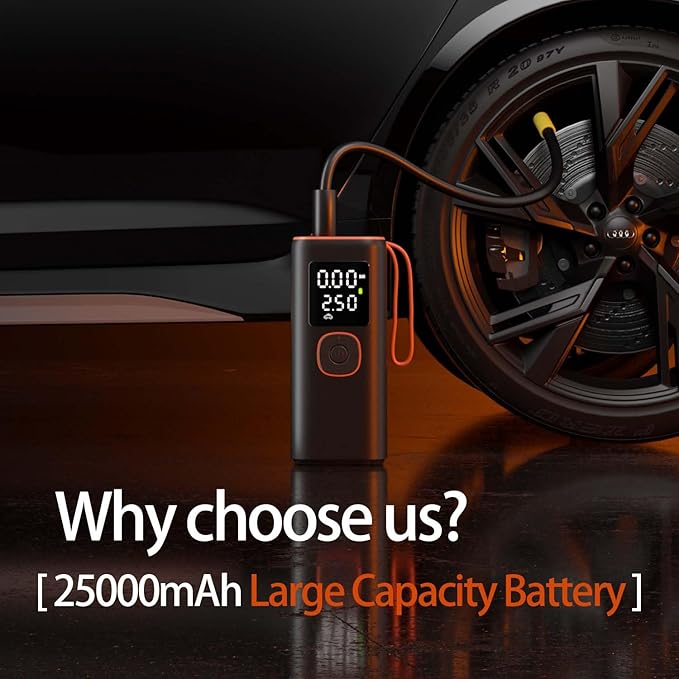 Tire Inflator Portable Air Compressor25000mAh, 4X Fast Air Pump for Car Tires, 150PSI Electric with Digital Pressure Gauge/LED Light/Power Bank, Bike Pump/Motorcycle/Ball/Car Accessories