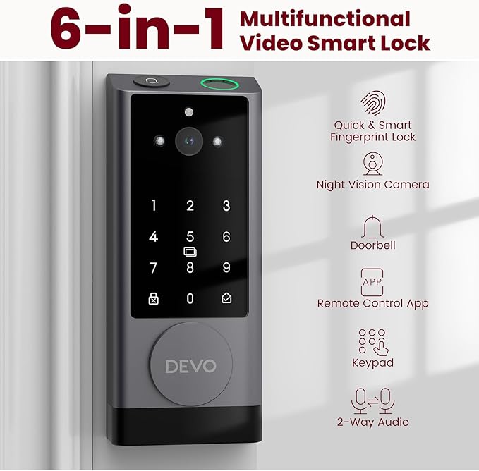 DEVO G1 Video Smart Lock with Camera & Doorbell, 6-in-1 Keyless Entry Door Lock with Fingerprint, App Remote, Auto Locks, Built-in Wi-Fi Smart Deadbolt for Front Door(Gray)