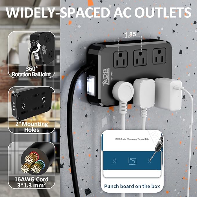 IPX6 Outdoor Power Strip Weatherproof, Waterproof Surge Protector with 6 Wide Outlet with 3 USB Ports, 6FT Long Extension Cord, Wall Mountable for Outside Decorations and More UL Listed(Black)