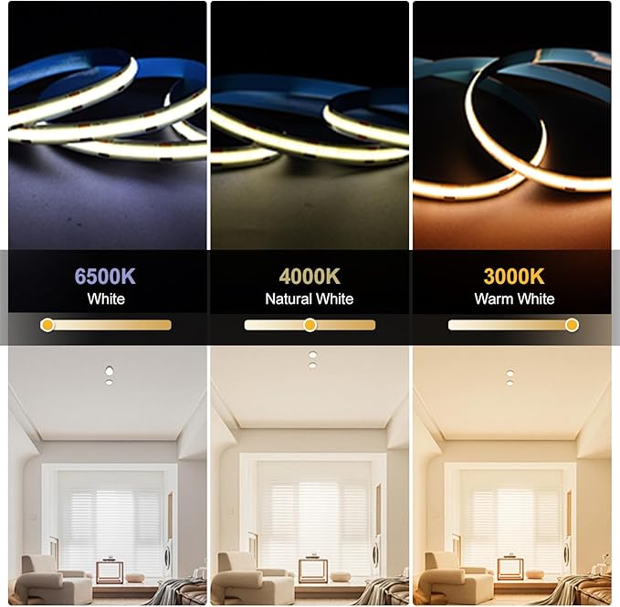 COB LED Strip Light 12V 8W/M 16.4ft/5m 320LED/M Warm White 3000K CRI90+ Super Bright Flexible LED Tape for Indoor Home Cabinet,Bedroom,Kitchen,DIY Lighting Project(Power Supply Not Included)