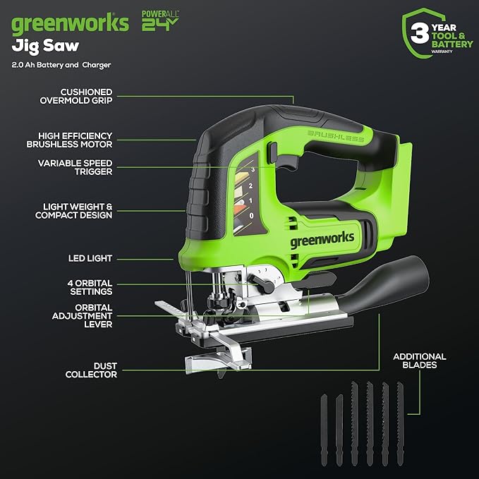 Greenworks 24V Brushless 3-Tool Combo Kit,Cordless Jigsaw+Compact Wood Router+Orbital sander Power Tool Sets Including 2 Batteries