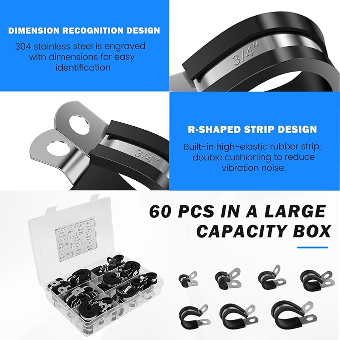 180 Pcs Cable Clamps Assortment Kit, 7 Sizes 304 Stainless Steel Metal Cable Clamp 1/4" 5/16" 3/8" 1/2" 5/8" 3/4" 1" Insulated Wire Clamps Cushion Rubber Coated Pipe Hose Clamp for Pipes and Hoses