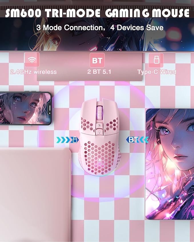 SM600 Pink Wireless Gaming Mouse with Honeycomb Shell, Side Buttons,Tri-Modes(BT5.1+BT5.1+2.4GHz) Lightweight RGB Wireless Mouse for PC/Tablet/Desktop/Office/Games