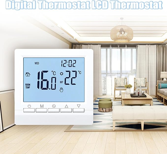Flylin Week Programmable Thermostat, Digital LCD Display 0-95 , NTC Sensor, Gas Fireplace Thermostat, Low Voltage Smart Temperature Controller 5A with Child Lock