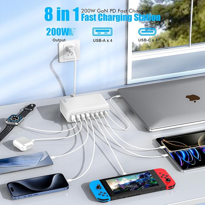 USB C Charger Block,200W GaN 8 Port USB C Charging Station USB Hub Block Cube Type C & USB A Wall Charger Power Adapter for Multiple Devices Apple iPhone 16/15/14,Steam Deck,MacBook Pro/Air,iPad Pro
