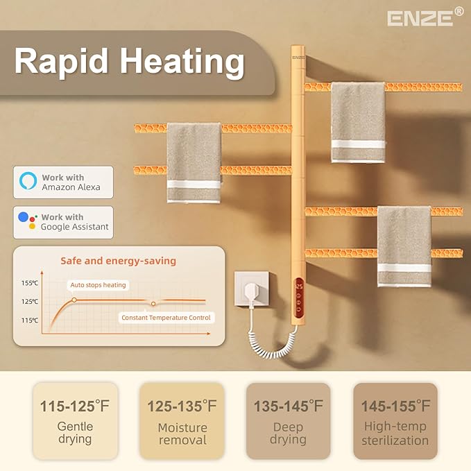 ENZE Smart Rotating Heated Towel Rack for Bathroom, Wall-Mounted Electric Towel Dryer with Swivel Bars, Smart Timer, Low Carbon Steel, IPX5, Plug-in/Hardwired, Towel Warmer with Wi-Fi App Control