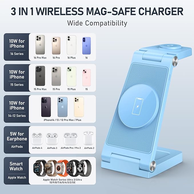 Magnetic Wireless Charger Stand, 3 in 1 Foldable Wireless Charging Station, Travel Charger for Multiple Devices for iPhone 16 15 14 13 12 Series, Apple Watch Ultra/SE/9/8/7/6/5/4/3/2, AirPods