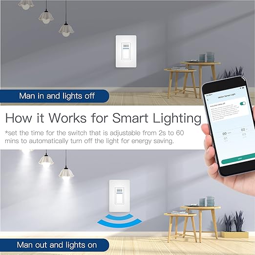MOES Smart Motion Sensor Switch Single Pole, Needs Neutral Wire, Wi-Fi PIR Infrared Motion Activated Light Switch, Smart Life Tuya APP Remote Control Compatible with Alexa and Google, FCC Listed