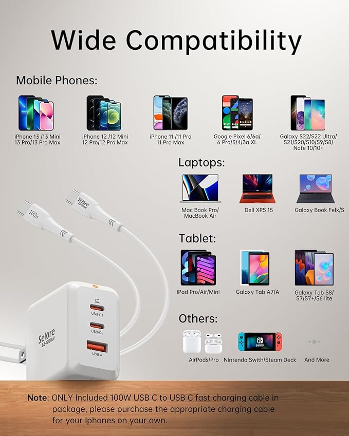 SELORE 67W USB C Charger Block, GaN Foldable Fast Charging Block, 3-Port Wall Charger Adapter with USB-C Cable for MacBook Pro/Air, iPhone 17/16/15/14/13/12/11, iPad Pro, Galaxy S25/S24/S23, Tablets