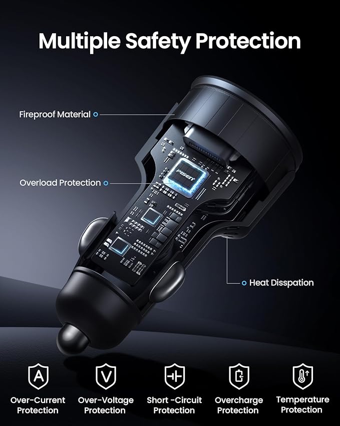 PISEN 60W 3-Port USB C Car Charger - PD30W & QC3.0 Fast Charging, Multi Device Compatible, LED Indicator, Durable Design, Safety Certified for iPhone 16/15/14/13/12 Series