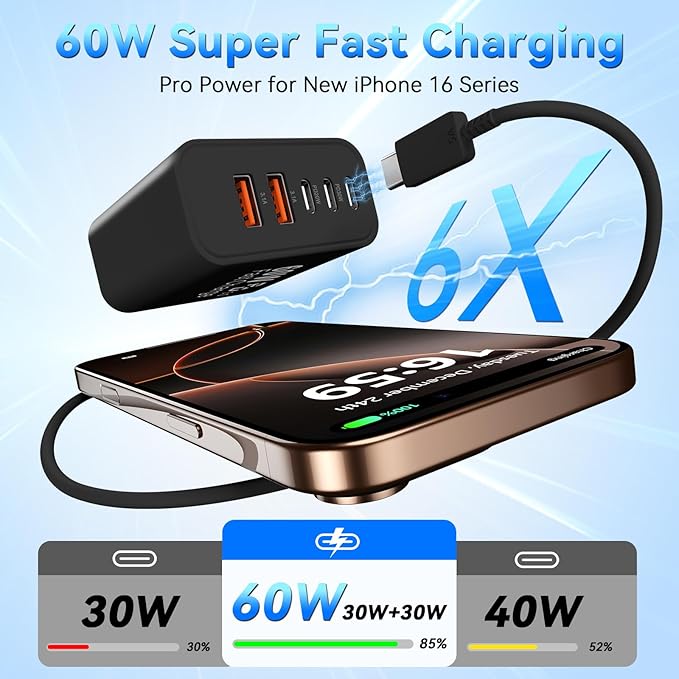 USB C Fast Charger Block, 60W 5-Port USB C Wall Charging Blocks, Type C Charger Fast Charging Brick, 3USB C+2USB A PD&QC3.0 Multiport Charger Plug for iPhone 16/15/14/13 Pro Max, iPad, White+Black