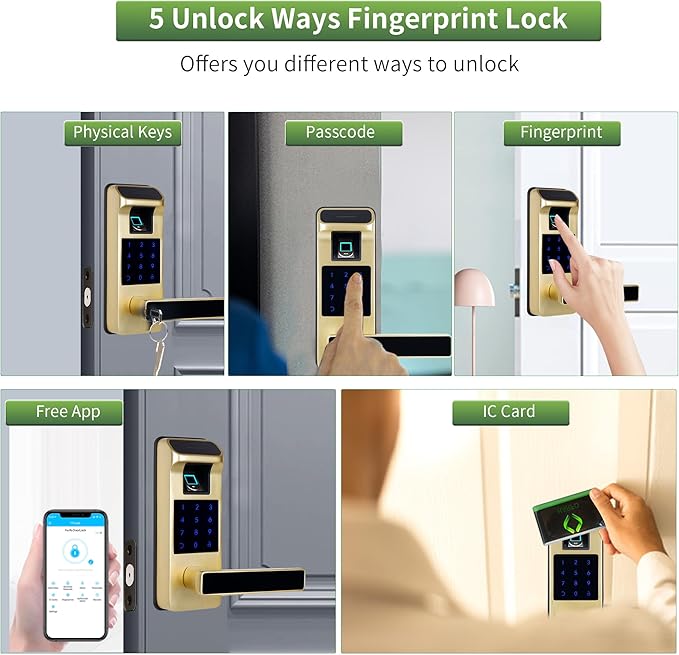 Harfo Smart Door Lock, Heavy Duty 5 in 1 Keyless Entry Door Lock, Full App Control Digital Keypad Lock, Reversible Handle with Fingerprints and Passcodes for Family/Office/Apartment (Gold)