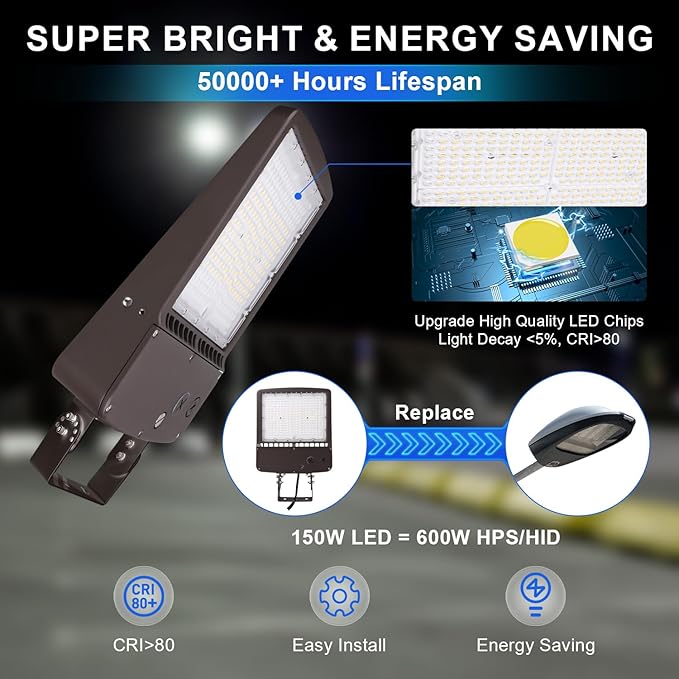 480V 150W LED Parking Lot Light, 21000LM(140lm/w) LED Shoebox Area Light(600W HID/HPS Equiv.), 5000K Dimmable Outdoor Commercial Street Lighting -10KV Surge Protection IP65 277-480V UL DLC Listed