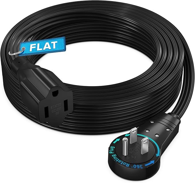 Maximm 360 Rotating Flat Plug Extension - 15ft Under Carpet with Slim Space-Saving Plug Design, Low Profile (Black)