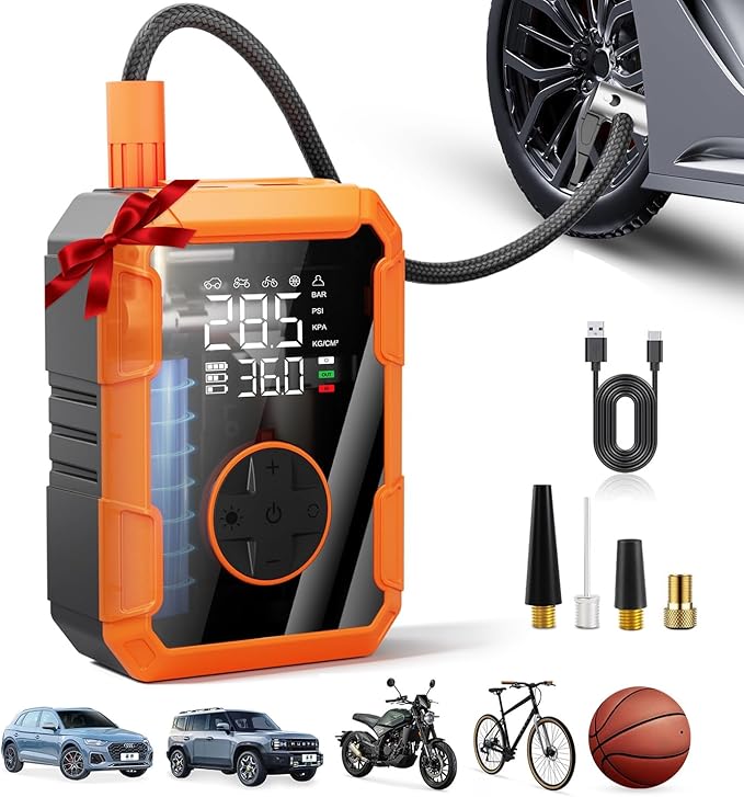 Portable Air Pump for Car Tires, 150 PSI Tire Inflator Cordless with LED Light, Rechargeable Auto Shut-off Air Compressor 2X Fast Inflation Tire Pumps for Car Bike Motorcycle Ball