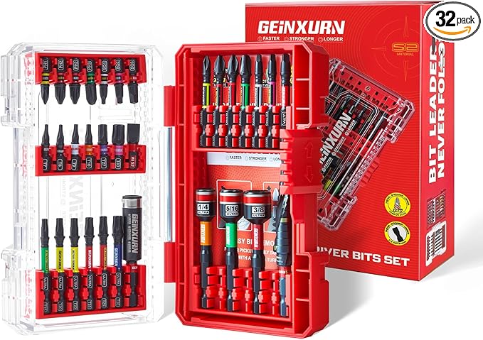 32Pieces Impact Screwdriver Bits Set, Magnetic S2 Steel 1”/2”Phillips/Square/Torx/Slotted Bits Tips,Impact Bit Holder and Nut Driver Set with Red Storage Box Case