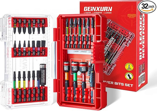 32Pieces Impact Screwdriver Bits Set, Magnetic S2 Steel 1”/2”Phillips/Square/Torx/Slotted Bits Tips,Impact Bit Holder and Nut Driver Set with Red Storage Box Case
