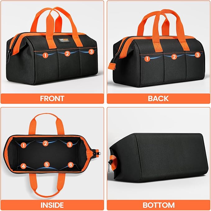 Tool Bag, 14 inch Heavy Duty Storage Bag with Handles, Double Layer 600D Polyester Fabric, Black and Orange, Tool Organizer for Mechanics, Electricians, and DIY Enthusiasts