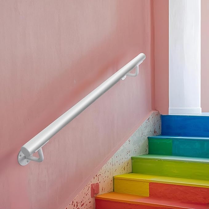 3 FT Heavy Duty Metal Stairs Railing Indoor White, Wall Mount Pipe Stair Handrail - Hand Rails for Indoor & Outdoor Steps, Banister Deck Porch Patio Railing, Wall Grab Bars for Seniors