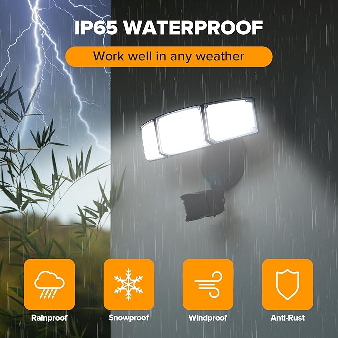 UME 2 Pack 5500LM LED Security Lights Motion Sensor Light Outdoor, 49W, 5000K Daylight, IP65 Waterproof, Dusk to Dawn, 3 Head Motion Detected Flood Light for Garage, Yard, Porch (Black)