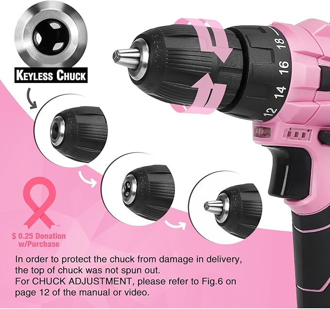 WORKPRO 12V Pink Cordless Drill Driver and Home Tool Kit, Hand Tool Set for DIY, Home Maintenance, 14-inch Storage Bag Included - Pink Ribbon