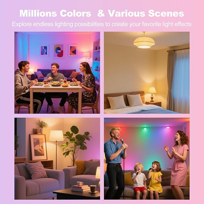 Smart Light Bulbs, WiFi & Bluetooth Light Bulb, Work With Alexa and Google Home, A19 E26 RGBCW LED Color Changing Light Bulb, 16 Million Colors, Dimmable 2700K-6500K, 9W(60W), 800 Lumens 4 Pack