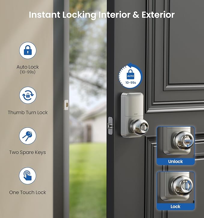 Veise Keypad Door Knob Lock, Keyless Entry Digital Lock with Handle, Electronic Knob for Front Door & Bedroom, Easy Installation, Auto-Locking, Passage Mode, Satin Nickel