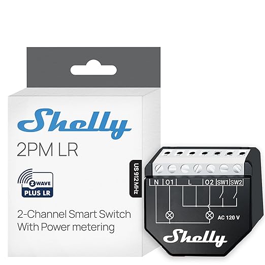 Shelly Wave 2PM US LR UL | Z-Wave Long Range Smart Switch Relay, 2-Channel 16 A with Power Metering | Home Automation | High Compatibility | Easy Installation | iOS Android App