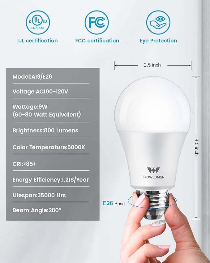 A19 LED Light Bulb, 9W E26 Lighting Bulbs(60 Watt Equivalent),5000K Cool White, 800LM Standard Base for Kitchen, Living Room, Corridor, Office, UL Listed, 4 Packs