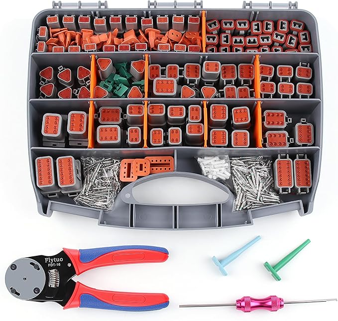 Deutsch Connectors Kit with Crimping Tool - 636PCS, 2/3/4/6/8/12 Pin DT Connectors, Removal Tool, Size 16 Solid Terminal Contacts, 14-18 AWG (Grey)