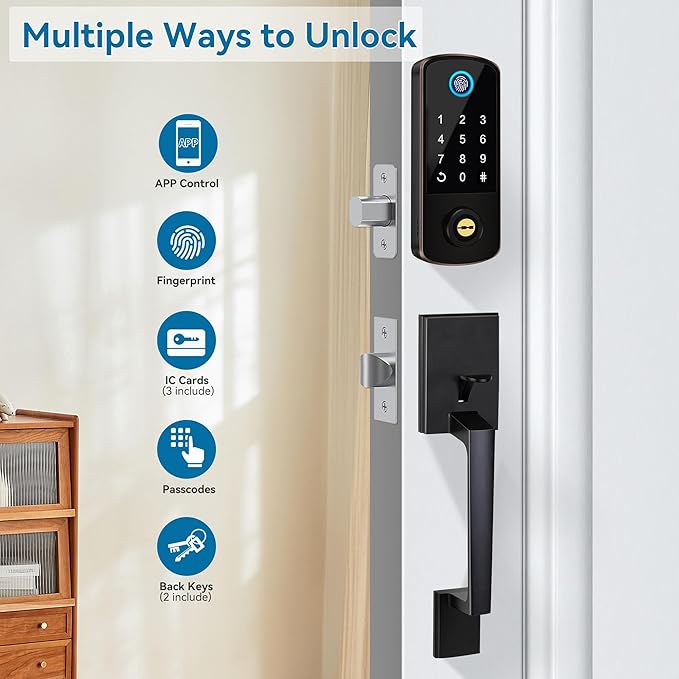 Keyless Entry Door Deadbolt with Handle Set, BEBASIA Fingerprint APP Smart Door Lock, Digital Keypad Bluetooth Deadbolt Lockset with Auto Lock Code Fob Aged Bronze
