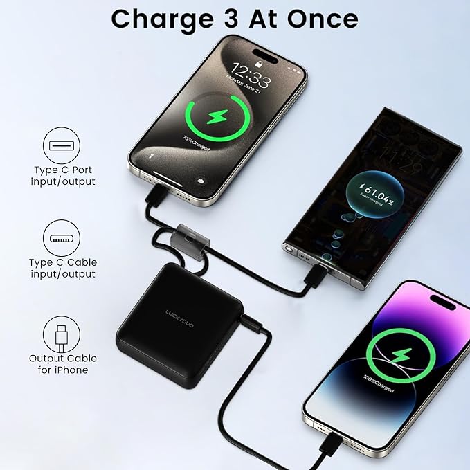 LUCKYDUO Small Portable Charger, Fast charging 22.5W Slim Power Bank 10000mAh with Built-in Cables, LED Display USB-C Mini Battery Pack Travel Essential, Compatible with iPhone, Samsung,Android, White