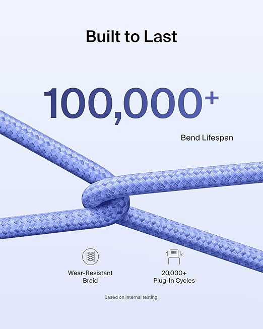 Belkin USB C to USB C Cable, 6.6ft, 60W - Type C Charger, iPhone Charger Cord, Soft, Braided, Flexible for iPhone 16, Galaxy S25, Pixel 9, Airpods, iPad Pro, Tablet & More, Travel Essentials - Blue