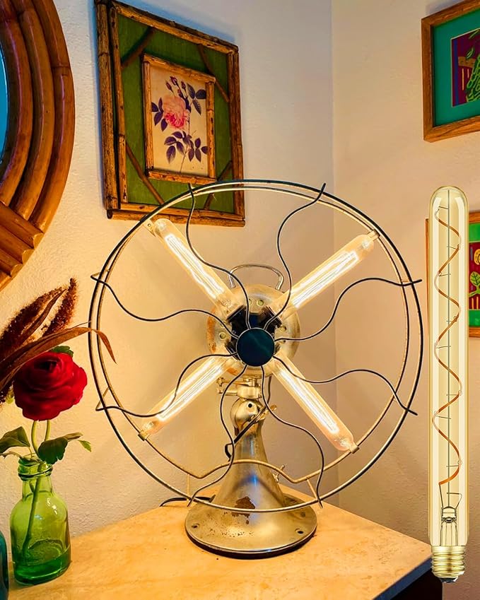 Leools Vintage LED Spiral Filament Bulb T10, 11.8inch Long Tubular Dimmable Edison Light Bulbs,E26 Base,Amber Glass,Warm White,2200K, (60W Equivalent), Pack of 4