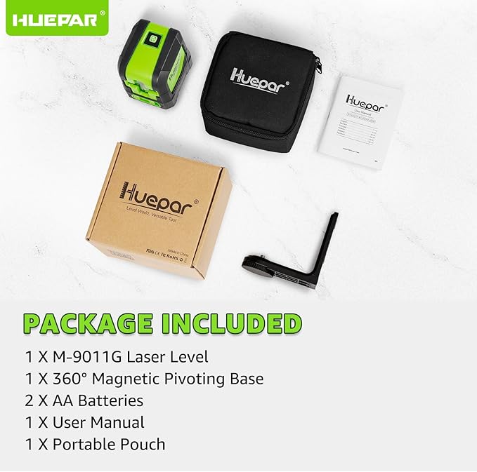 Huepar Laser Level, 100Ft Self Leveling Green Cross Line Laser for Picture Hanging, Tile, Decoration & DIY Indoor Construction – 360° Magnetic Base & AA Battery Included