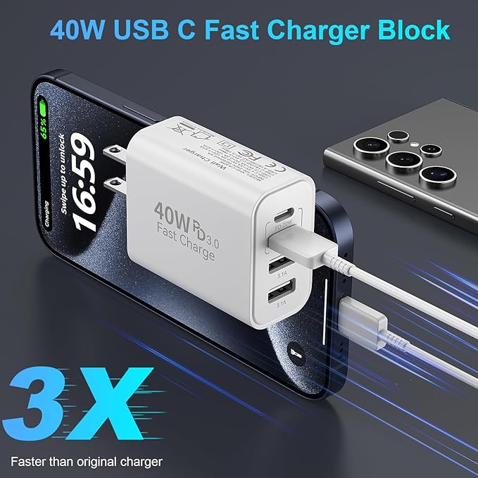 40W USB C Wall Charger Block,4 Port Type C Charger Fast Charging Brick Dual Pd & QC Fast Charger Cube Wall Plug Power Adapter for iPhone 15/14/13/12/11/Pro Max/XS/XR,iPad,Samsung,Pixel,White