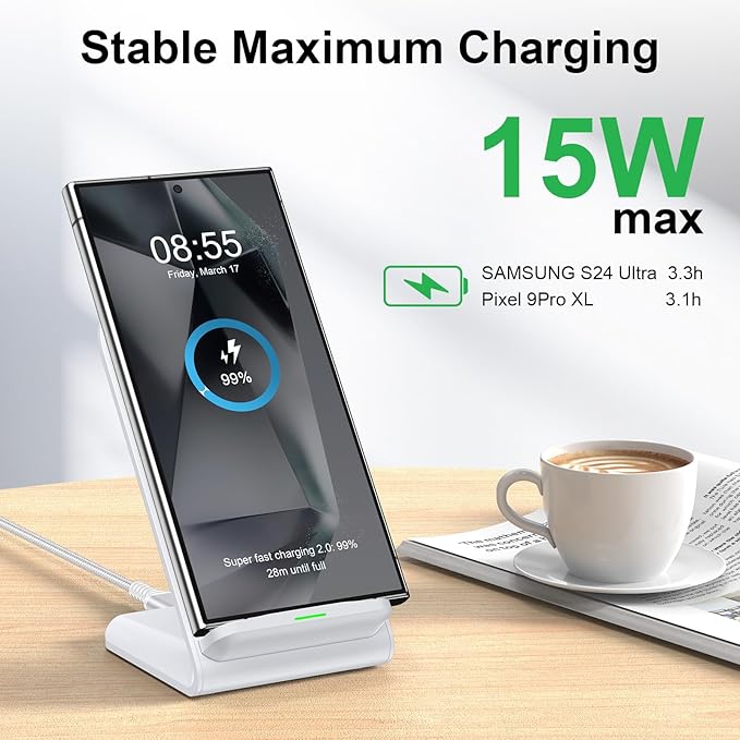 Pixel Wireless Charging Stand Fast Charging Pad for Google Pixel 9 9Pro XL/Fold 8a 8Pro 8 7a 7Pro 6, 15W Android Wireless Charger Station with 18W Adapter for Samsung S25 Ultra S24 FE, for Moto razr+
