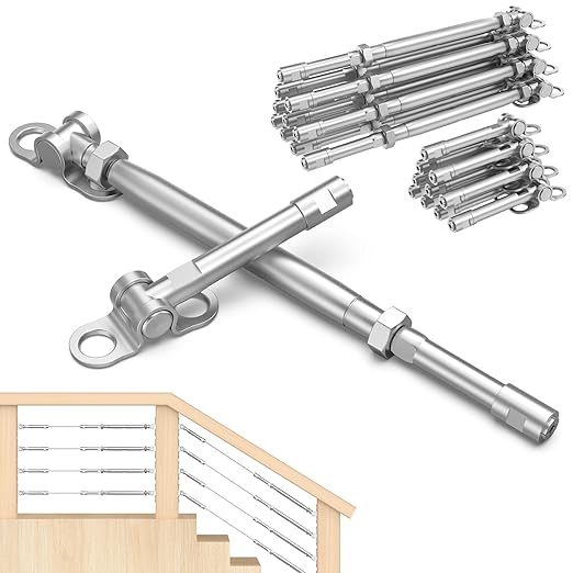 BLIKA Upgraded 10 Pairs 1/8" Swageless Cable Railing Kits, No Need Crimper Tool, T316 Stainless Steel, 180 Degree Adjustable Angle Swageless Surface Mount Turnbuckle for Wood Posts(Level & Stair)