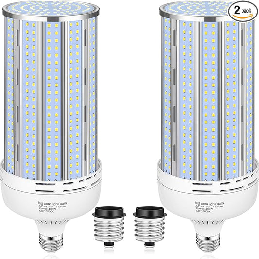 2 Pack 400W Corn LED Light Bulb Fanless,5000K Daylight(Eqv.1,200w Mh/Hps/Hid) Non-Dimmable E26/E39 Large Mogul Base LED Cob Lamp 57,000LM for Garage Warehouse Factory Workshop Street Backyard