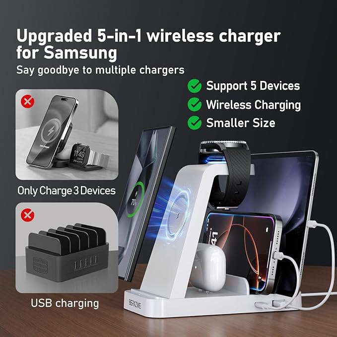 Wireless Charger for Samsung, 5 in 1 Wireless Charging Station for Samsung, Charger Dock Stand for Galaxy Watch Ultra 7 6 5 4 3, Galaxy S25 S24 Ultra S23 S22 S21, Note 20 10 Z Fold Buds, White