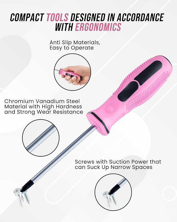 Lichamp 22-Piece Pink Tool Set, Small Magnetic Screwdriver set for Women with 10ft Tape Measure Pink