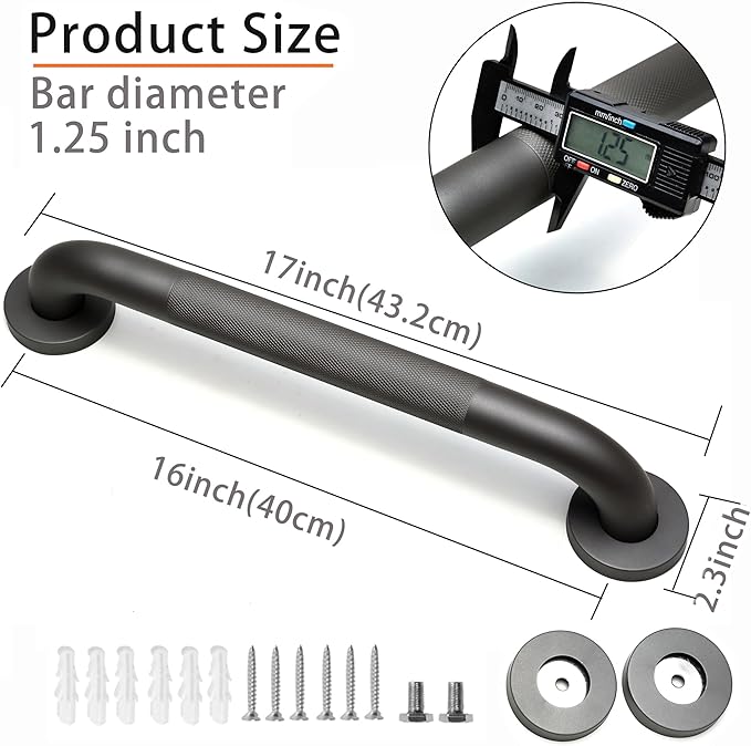 Shower Grab Bar, 2 Pack 16 Inch Gray Bathroom Grab Bar, 1.25" Diameter 304 Stainless Steel Anti-Slip Grab Bars for Bathtubs and Showers, Handicap Shower Grab Bar for Seniors Elderly
