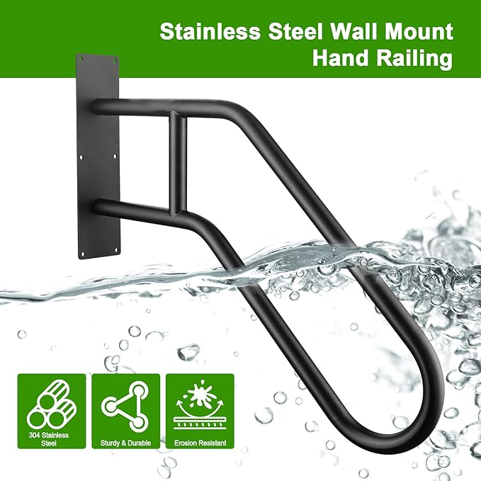 U-Shaped Safety Handrail for Stairs 1-3 Steps, Wall Mounted Handrails Indoor/Outdoor - 530lbs Load, Anti-Slip & Rust-Proof, Elderly & Disabled Assist at Porch, Deck, Bathroom-2pack