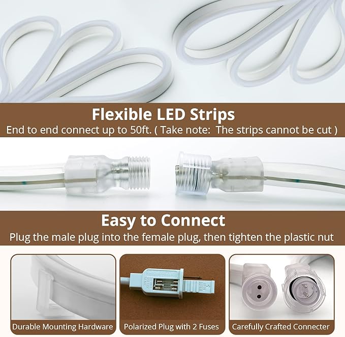 16.4FT Neon Lights Daylight, LED Flexible Linkable Waterproof Rope Strip Lights Nature White for DIY Sign Living Gaming Room Bedroom Bars Wall Party Wedding Christmas Indoor Outdoor Décor