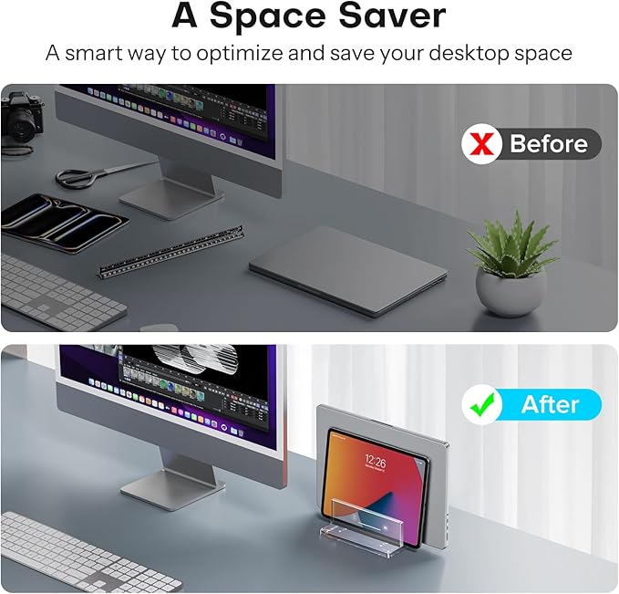 OMOTON Vertical Laptop Stand for Desk, Acrylic Dual Laptop Holder Desktop Clear Adjustable Dock for MacBook Pro Air, HP, All Gaming Laptops up to 17” (Clear, Dual Slot)