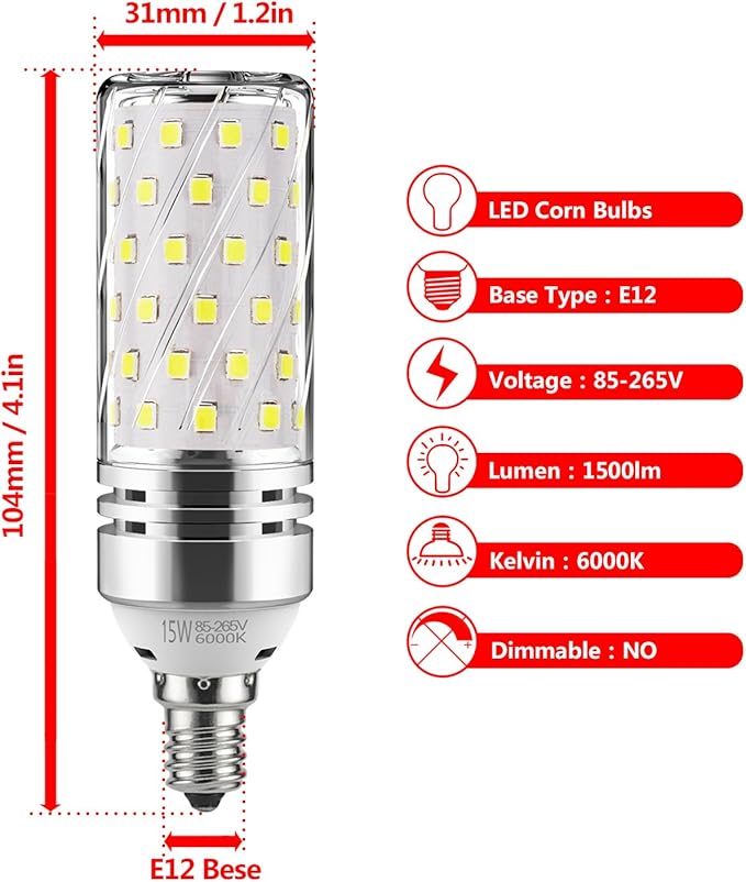 gezee E12 LED Corn Bulbs,15W LED Candelabra Light Bulbs 120 Watt Equivalent, 1500lm, Daylight White 6000K LED Chandelier Bulbs, Decorative Candle, 4.1in*1.2in, Non-Dimmable LED Lamp(3-Pack)